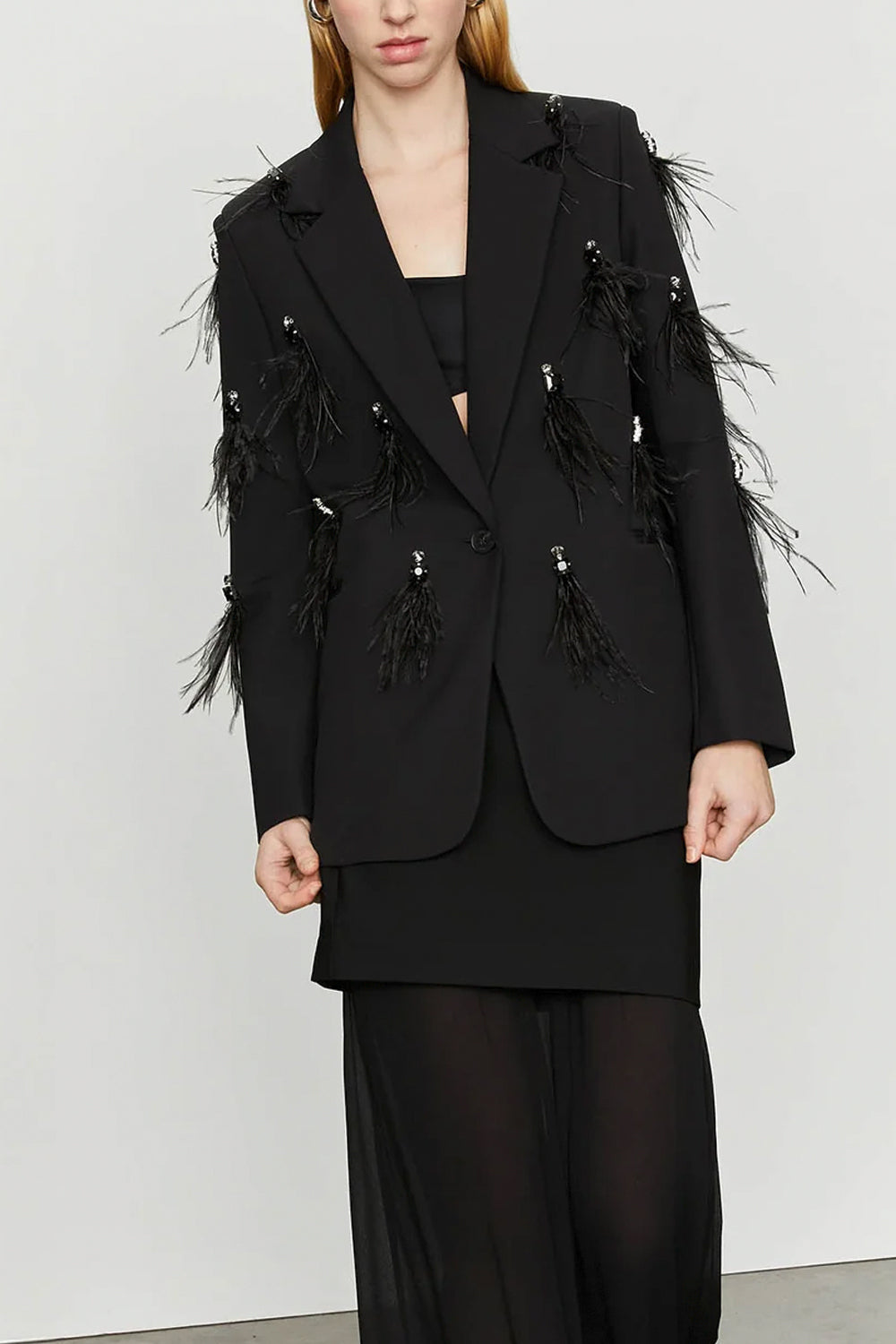 ISABELLE BLANCHE Blazer in cady stretch con piume e pietre