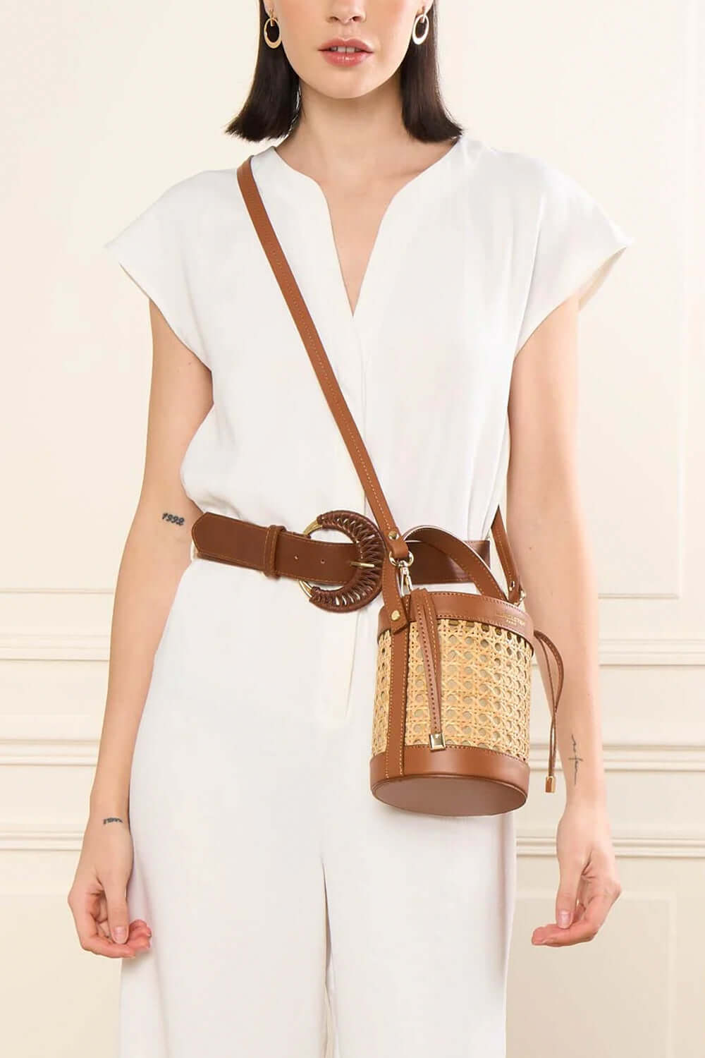 LANCASTER Borsa secchiello in rattan e pelle Uncategorized LANCASTER