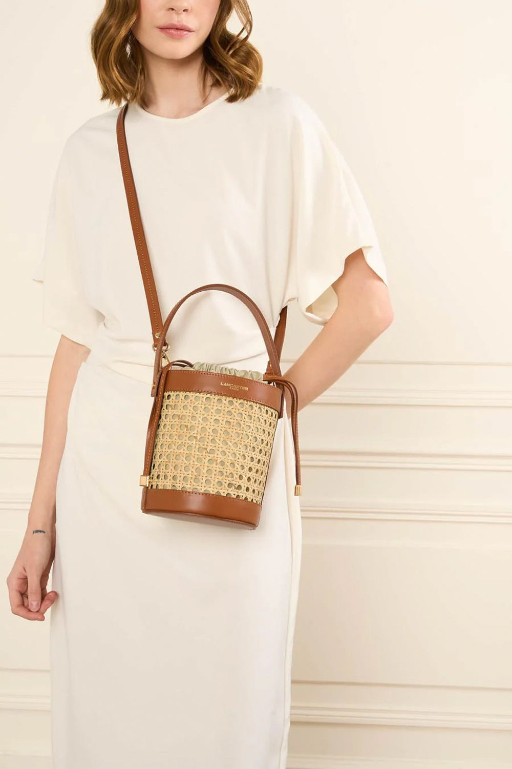 LANCASTER Secchiello in canna di rattan con dettagli in pelle