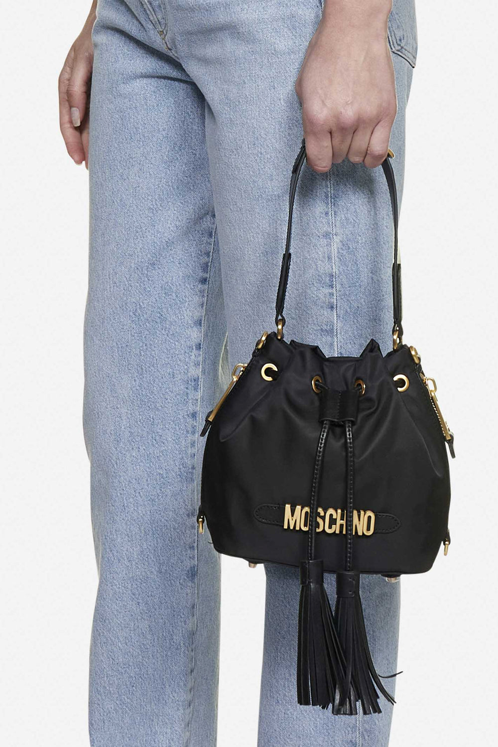 MOSCHINO Secchiello in nylon con lettering oro