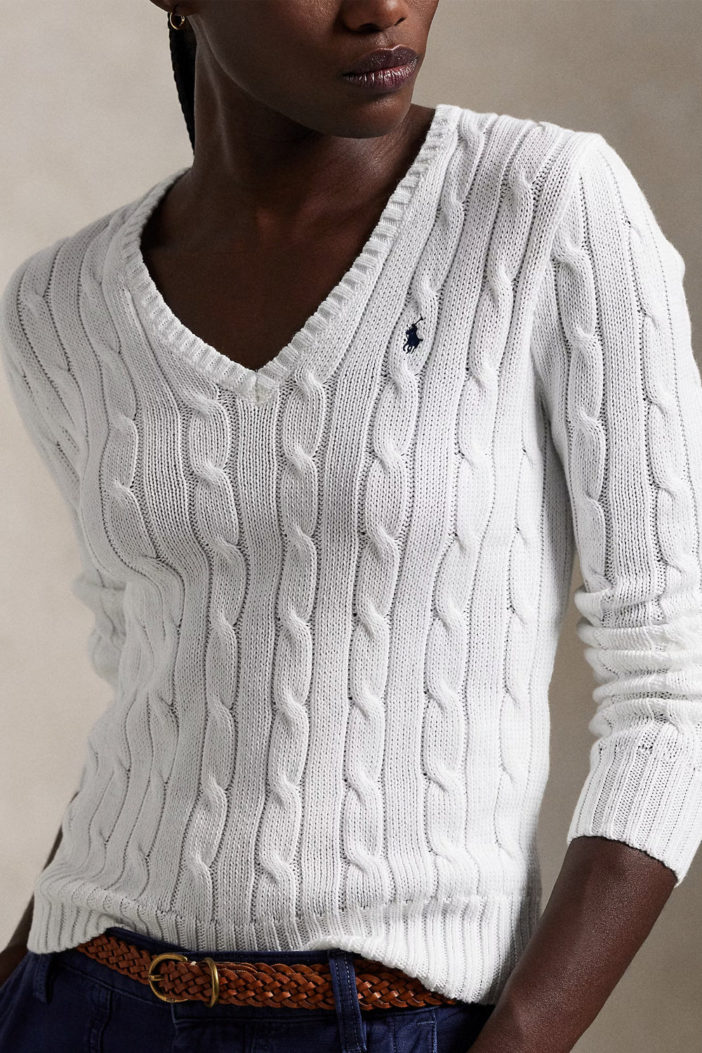 POLO RALPH LAUREN Maglia in cotone a trecce con scollo a V