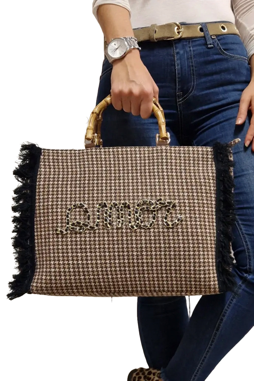 MIA BAG Shopper tartan con manici bamboo