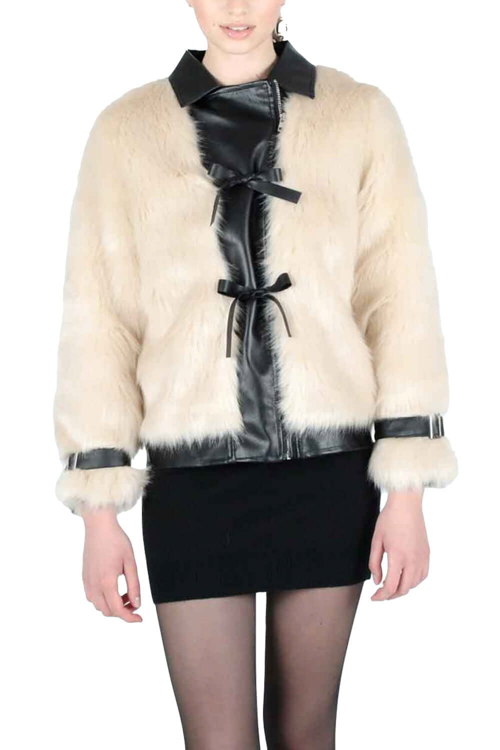 Ecopelliccia con inserti in ecopelle - LE VOLIERE Cappotto LE VOLIERE