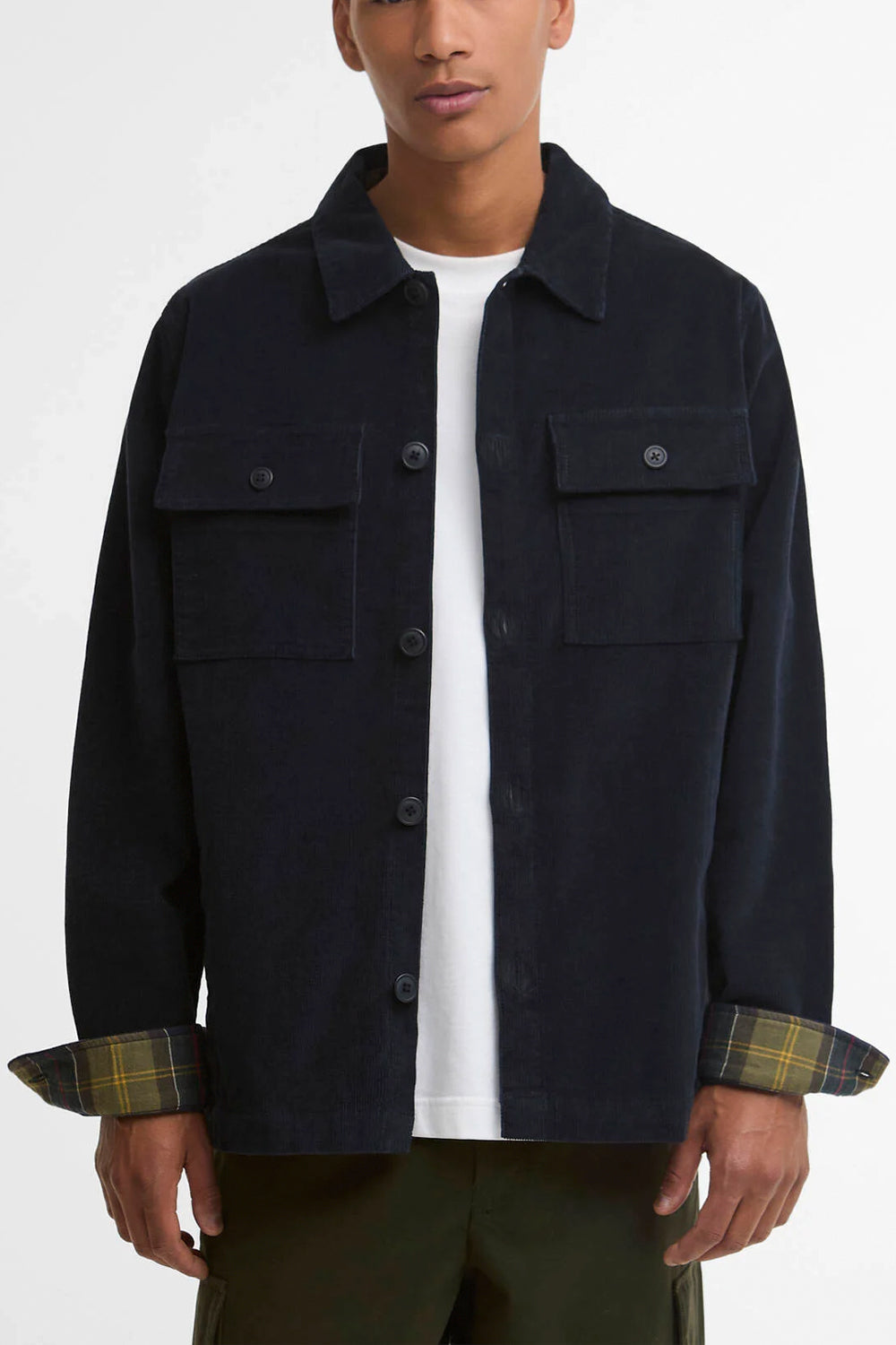 BARBOUR Overshirt a coste sottili con finiture in tartan