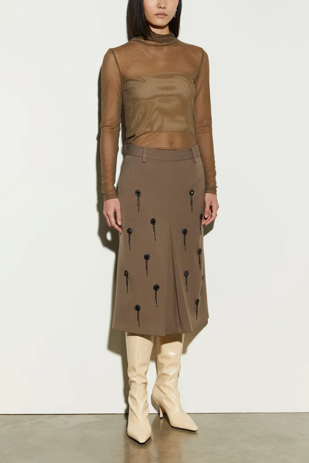 ISABELLE BLANCHE Gonna midi con ricami di strass