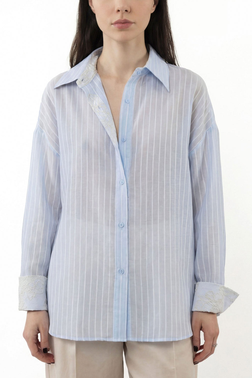 RAME Camicia a righe con dettagli in pizzo