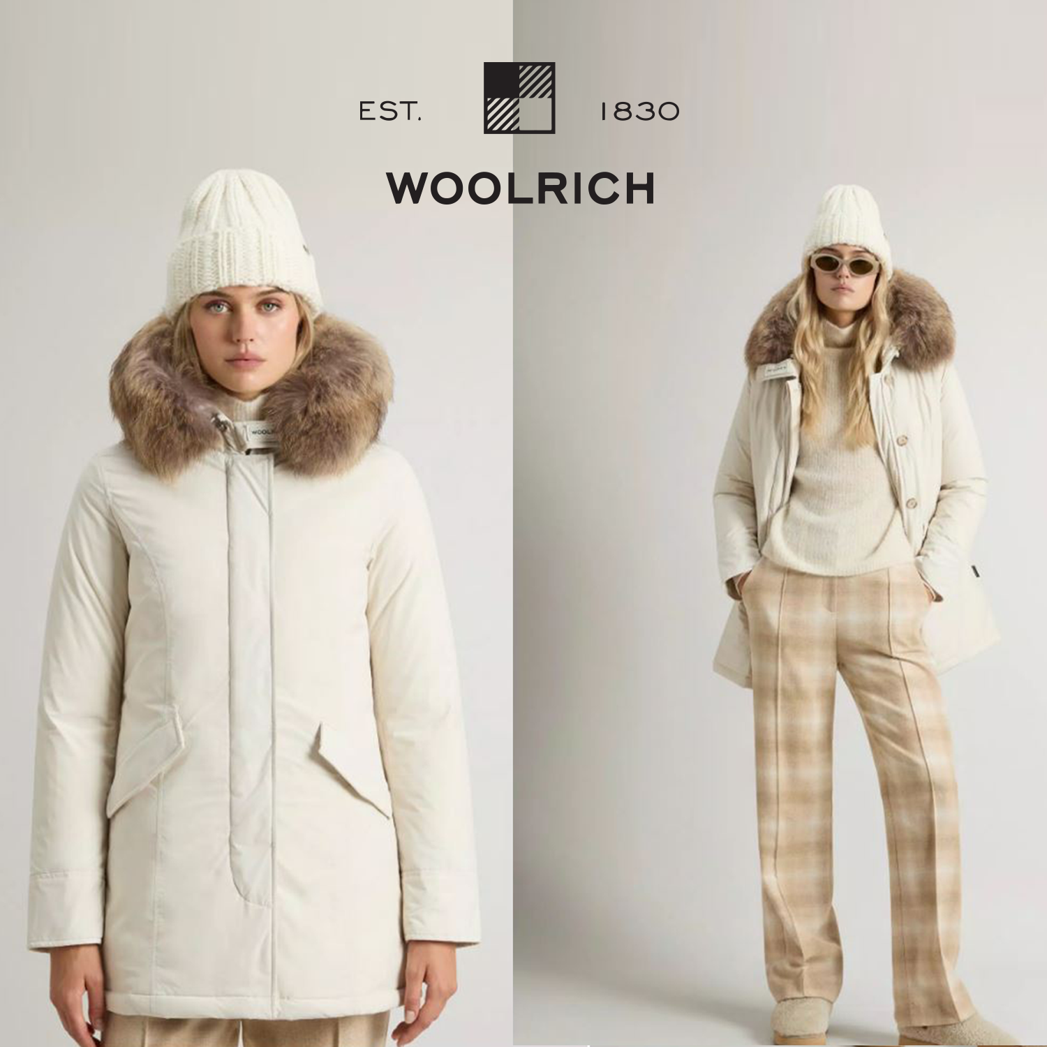 woolrich uomo e donna negli iconici Artic Parka , puffy prescot , anorak Woolrich 