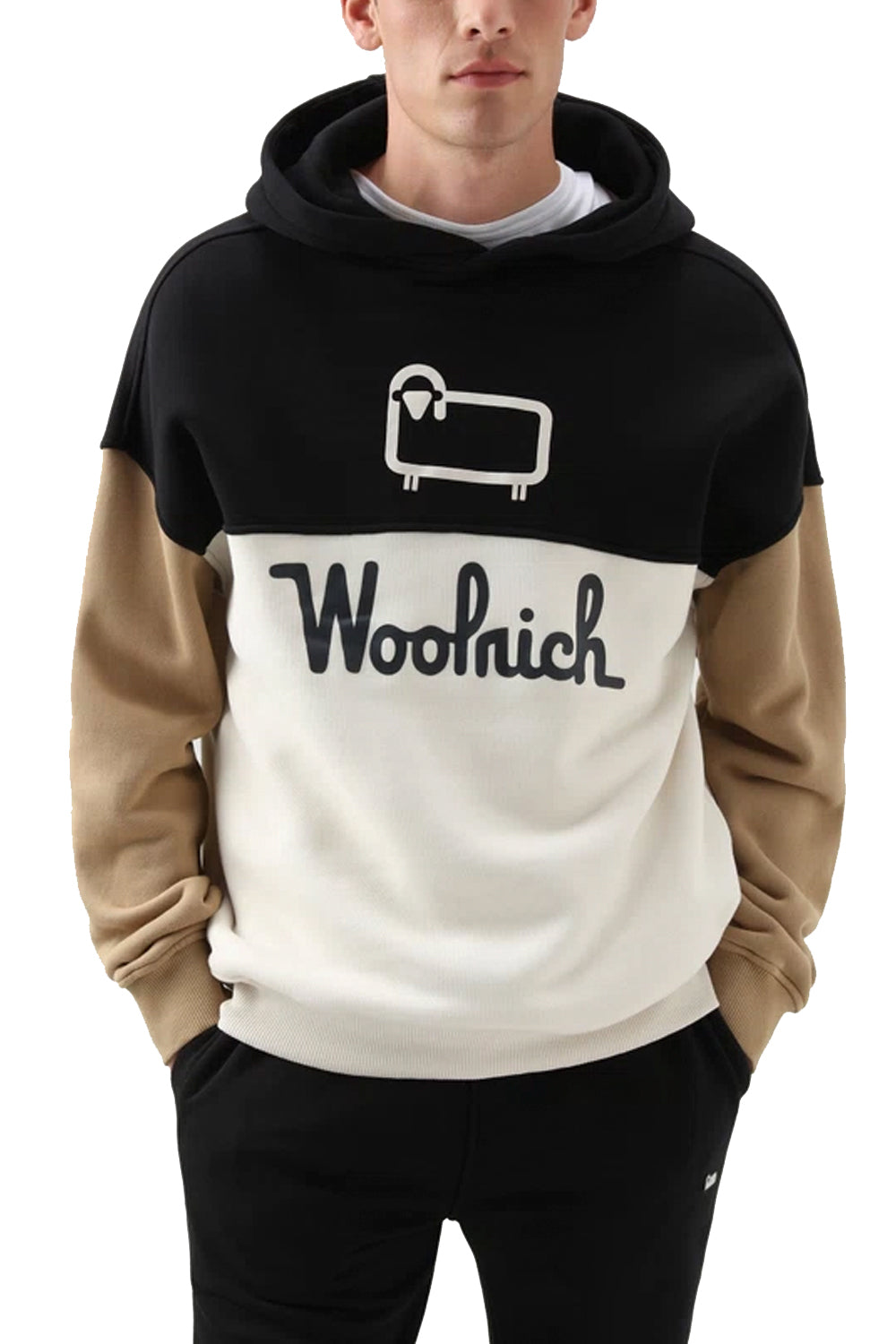 WOOLRICH Felpa Color Block Cappuccio Logo Stampato