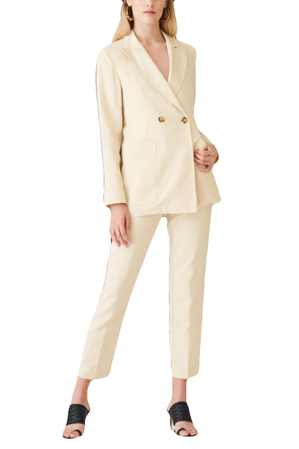 SUOLI Tailleur: Giacca Doppio Petto in Cotone e Lino Beige