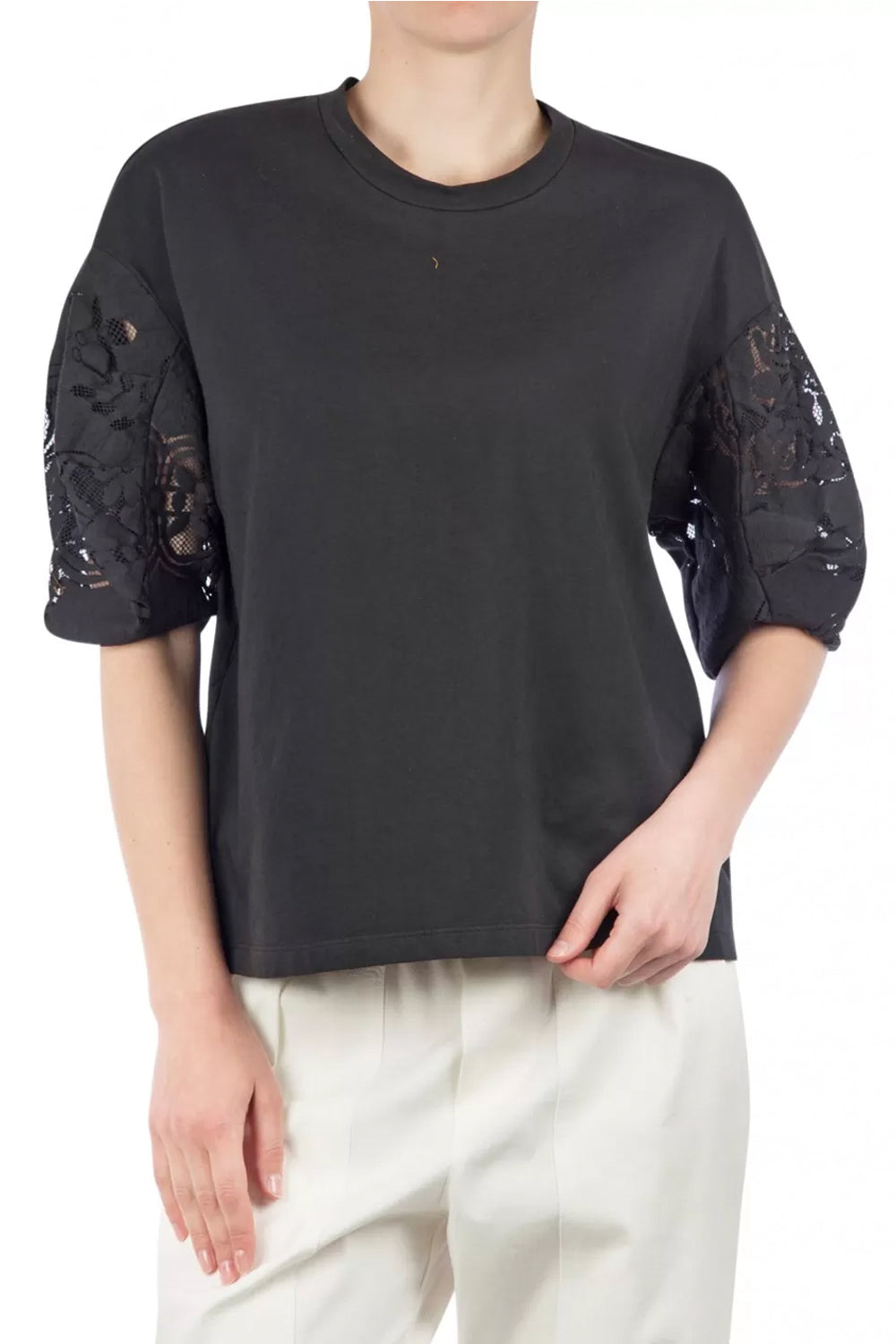 T-shirt in Cotone con Maniche in Pizzo - SUOLI